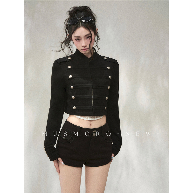 Musmoro Vintage Horizontal Striped Double-Row Metal Buckle Napoleon-Style Stand Collar Short Jacket Women's Black Jacket Top Musmoro Vintage Horizontal Striped Double-Row Metal Buckle Napoleon-Style Stand Collar Short Jacket Women's Black Jacket Top