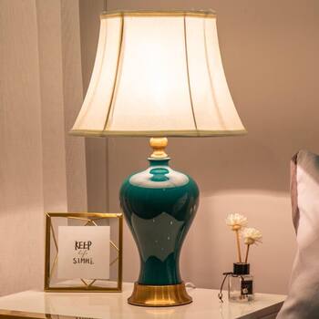 Table Lamp for Bedroom, Home Use, Plug-In Ceramic Electric American-Style Porcelain Table Lamp, European-Style Table Lamp, Living Room Decoration, New Chinese-Style