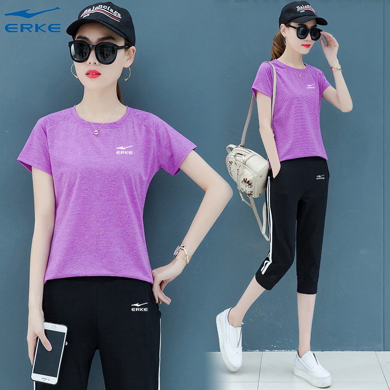 Hongxing Erke short-sleeved sports suit women's summer casual thin large size seven-point pants running fitness two-piece set