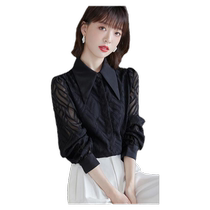 Tide Card Polo Collar Black Hollowed-out Snowspun Shirt Woman Fall 2024 New Retro Style Long Sleeve Plus Suede Blouse