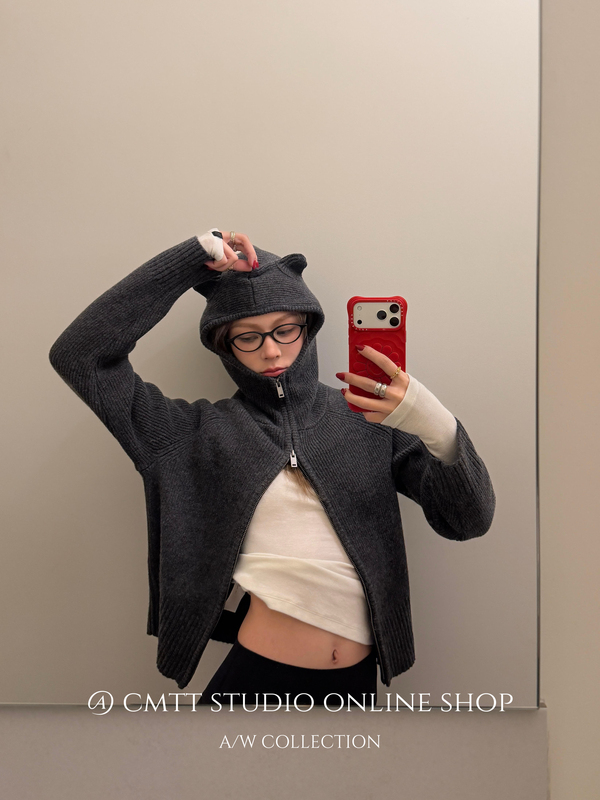 (Now) Nana's Same Style Niche and Interesting Textured Soft Velvet Hooded Sweater with Bear Ears and Zipper