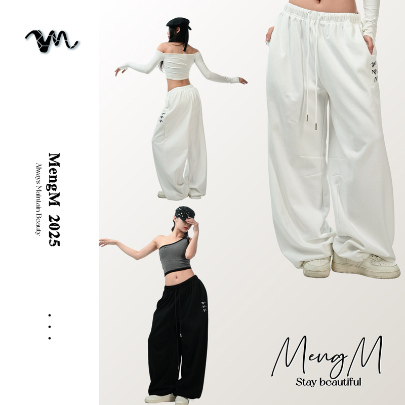 Mengm【Black and White Wide-Leg Pants】Women's Wide-Leg Casual Pants Extra Long Unisex Street Dance Sports Pants