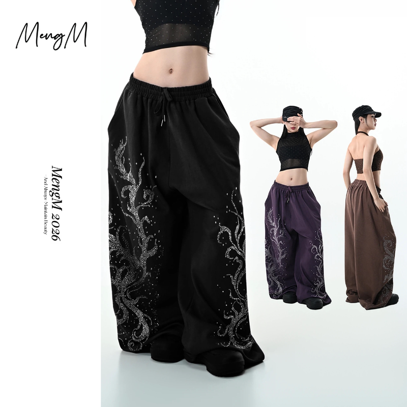 Mengm Elastic Waist Drawstring Loose Modern Jazz Practice Pants American Style Rhinestone Print Casual Wide-Leg Pants