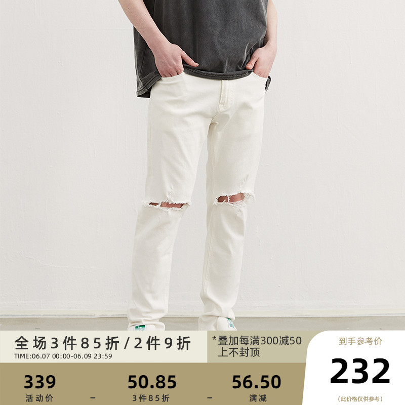 CLIMAX VISION washed up as old knee breaking hole elastic denim jeans display slim straight cylinder long pants boomer