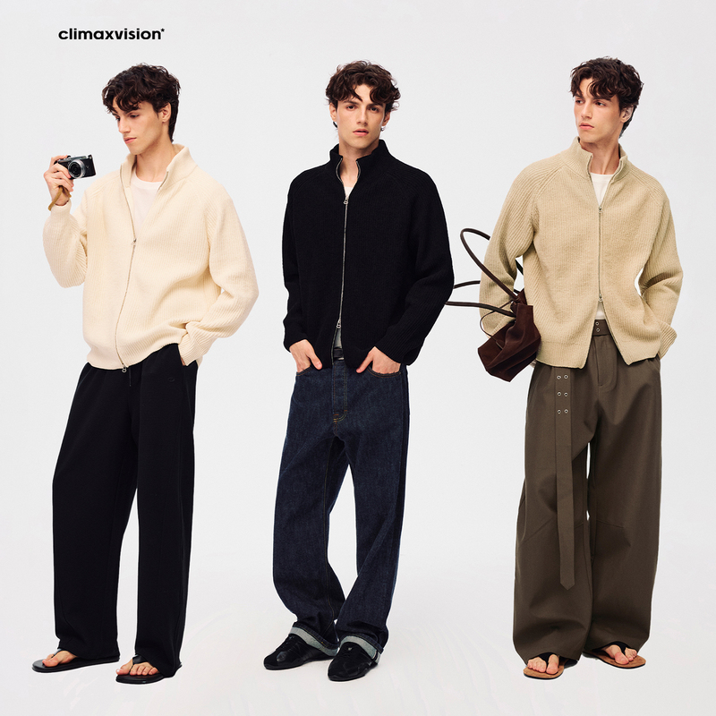 Climax Vision Chenille Round Velvet Yarn Textured Stand-Up Collar Sweater Cardigan Double Zipper Knitwear Jacket