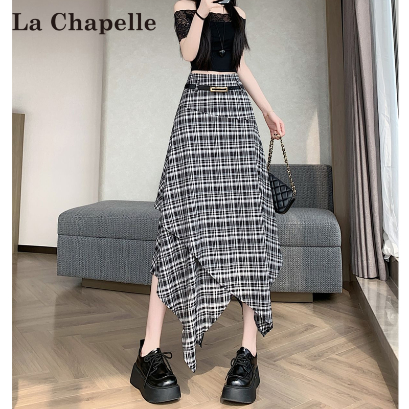 La Chapelle Hot Girl Irregular Plaid Skirt with Belt for Women, Summer Lazy High-Waisted Drapey Long Skirt