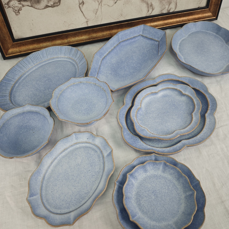 【National Trend】Japanese Handmade Ware Nakahara Fanfu Blue Series Flower Plate Flower Bowl Octagonal Plate Oval Plate