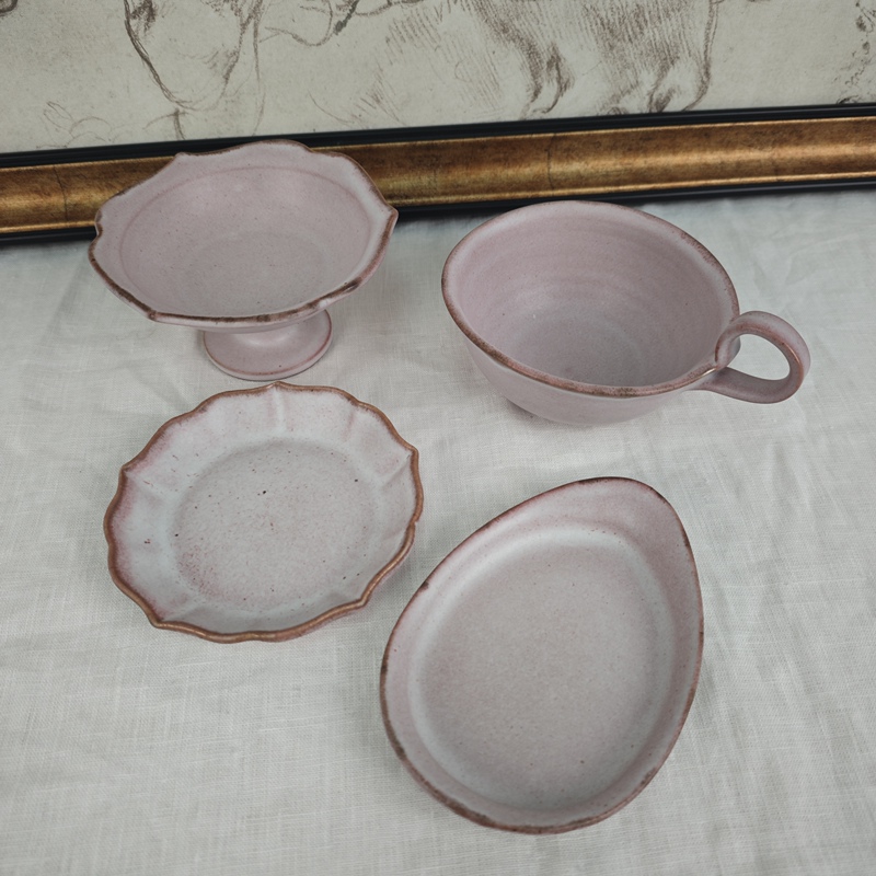 【National Trend】Japanese Writer Nakayama Fumio's Pink Series Lace High-Footed Soup Cup Small Saucer Flower Plate Ceramic