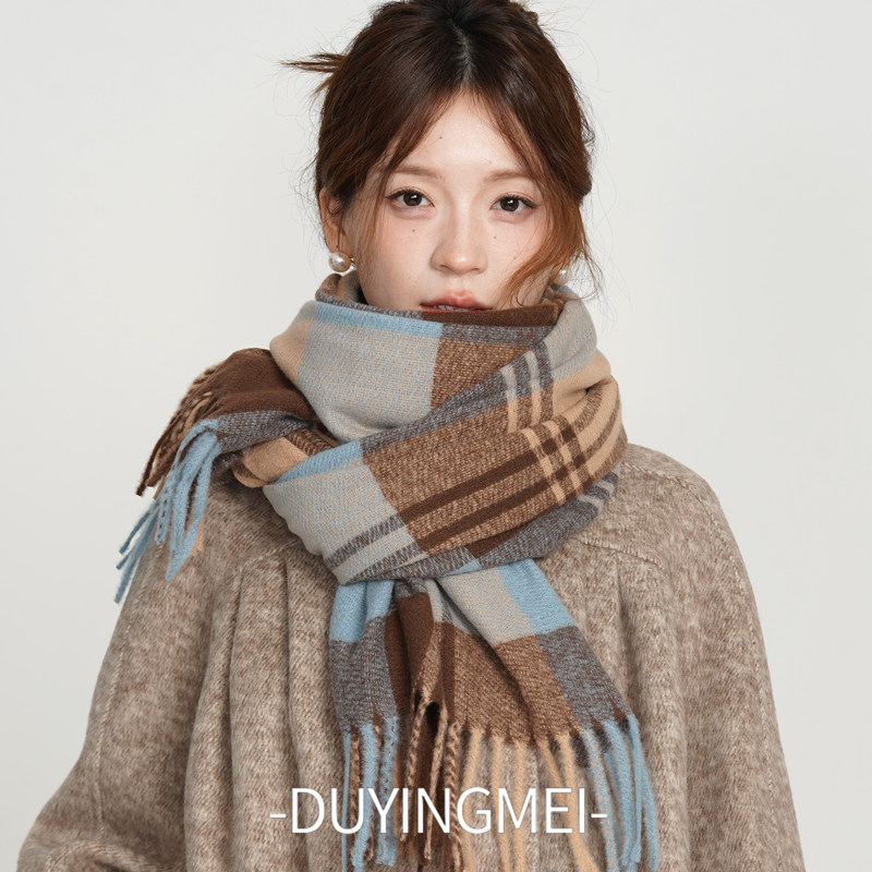 Women's blue and brown plaid scarf, versatile and warm for winter, thick faux cashmere shawl, perfect for pairing with coats, suitable for couples.