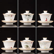 Chinese white porcelain hand-painted three-cai cover bowl Ceramic thin tire Kung Fu Tea cup tea bowl tea set anti-scalding single household trumpet
