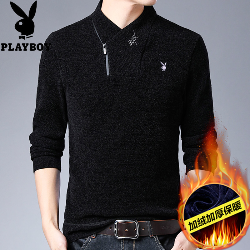 Floral Playboy men long sleeves T-shirt youth autumn winter plus suede thickened knit undershirt male pure color sweater V collar