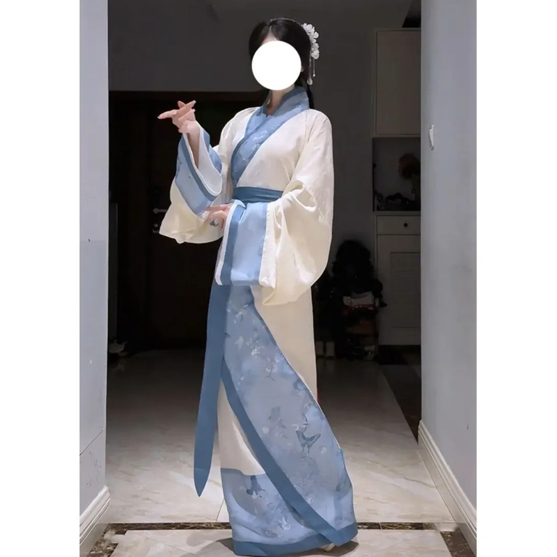 Blue and White Curved Hem Warring States Period Robe Hanfu for Women 2026 New Style Cross-Collar Waist-Length Ethereal Flowing Chinese Style Ancient Costume Blue and White Curved Hem Warring States Period Robe Hanfu for Women 2026 New Style Cross-Collar Waist-Length Ethereal Flowing Chinese Style Ancient Costume