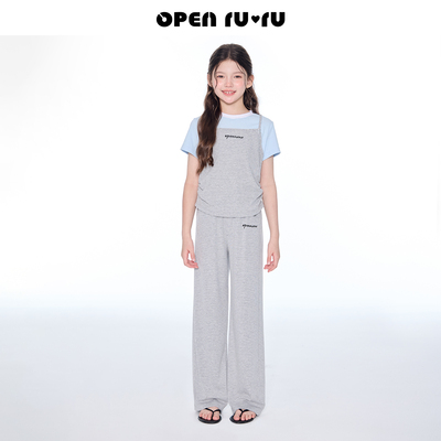 Opennunu Girls' "Baby" Blue and Gray Striped Short-Sleeve Set Summer Children's Design-Friendly Skin-Friendly Long Pants — 2