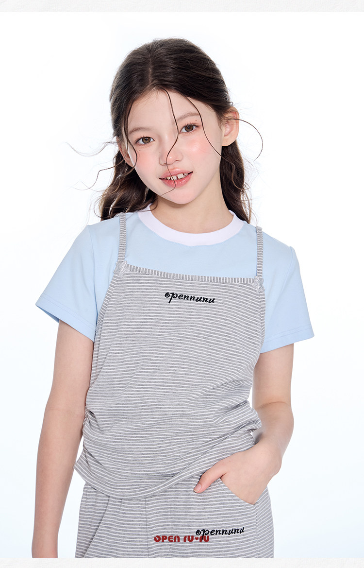 opennunu女童“baby”蓝灰条纹短袖套装夏季儿童设计感亲肤长裤 — 18