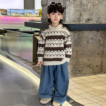 Boys' Sweater Autumn and Winter Children's Base Layer 2024 New Thickened Knitwear for Boys Baby Winter Crew Neck Top