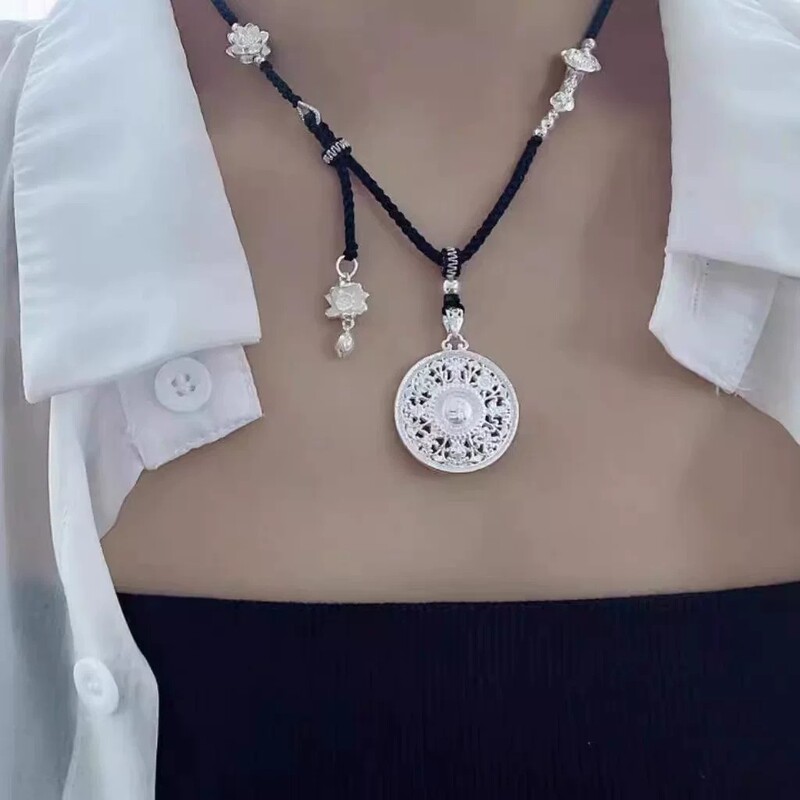 Pure Silver 999 Eight Treasures Compass Pendant for Women 2026 New Style Braided Rope Good Luck Silver Plate Necklace Birthday Gift
