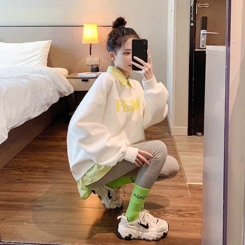 Pregnancy women's clothing and women's fake two medium long versions of spring and autumn slim fit collar 100 hitch for late pregnancy long sleeves upper clothes