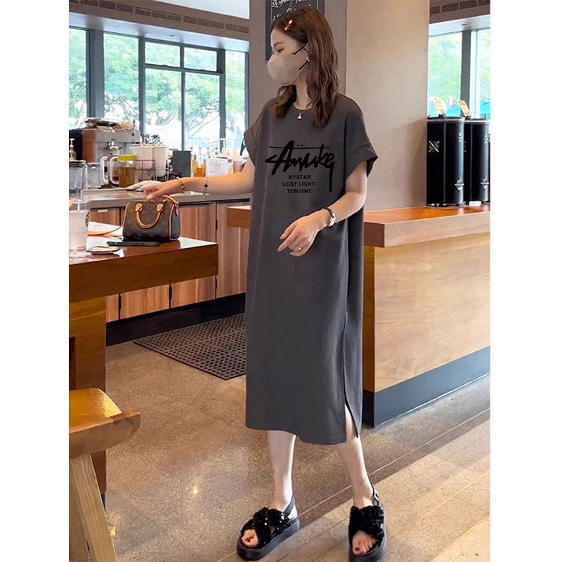 Maternity Summer Dress, Pure Cotton Dress, Loose and Fashionable Short-Sleeved T-Shirt Dress, Large Size Casual Outing Thin Slit Long Skirt Maternity Summer Dress, Pure Cotton Dress, Loose and Fashionable Short-Sleeved T-Shirt Dress, Large Size Casual Outing Thin Slit Long Skirt
