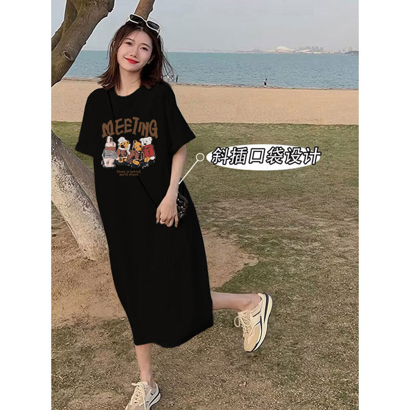 Maternity Summer Dress, Pure Cotton Dress, Trendy Mom Style, Loose Short-Sleeved T-Shirt Dress, Fashionable Outerwear, Belly-Covering, Knee-Length Dress