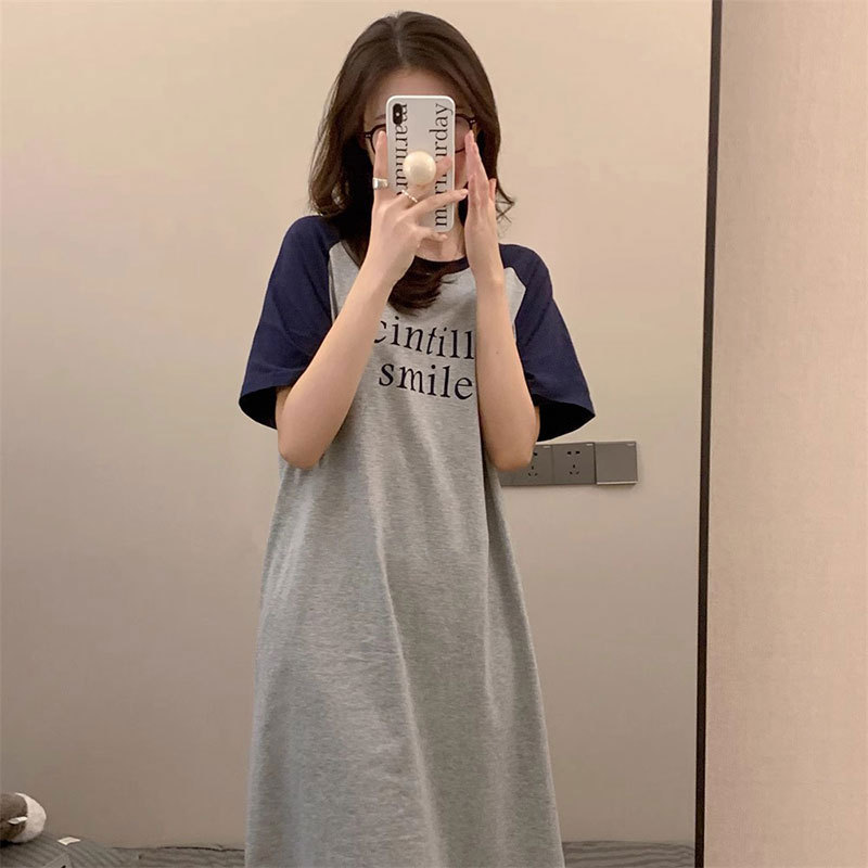 Maternity Summer Dress, Pure Cotton, Loose, Long, Over-The-Knee, Raglan Short-Sleeve T-Shirt Dress, Thin, Belly-Covering, Late Pregnancy Long Dress