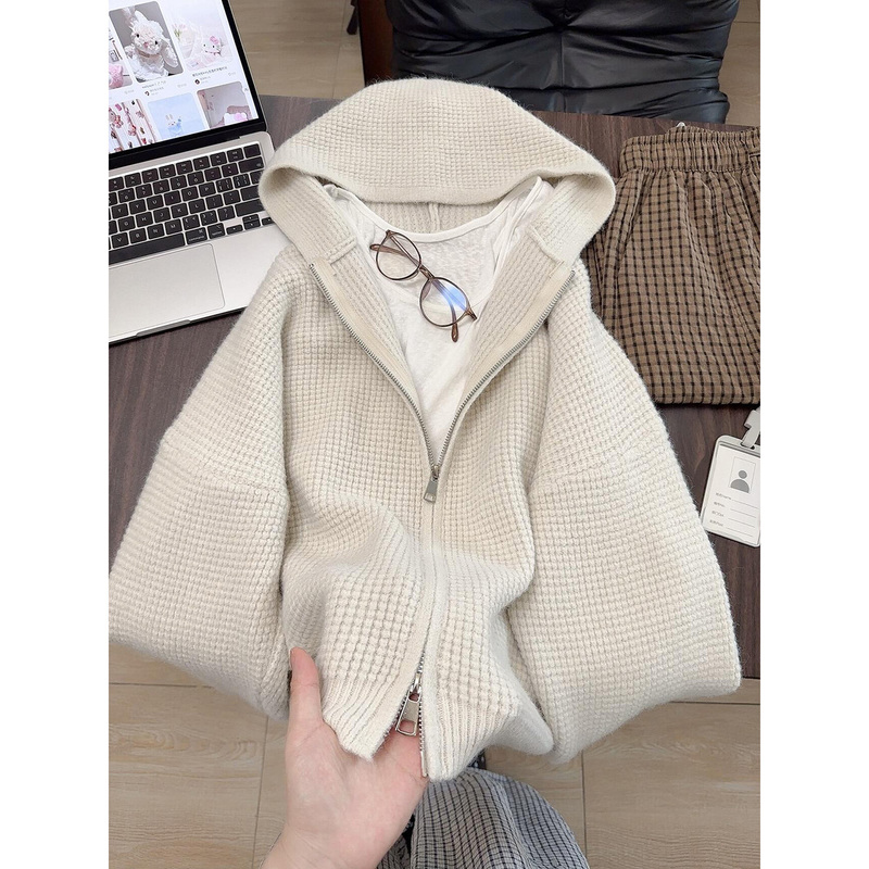 Korean Retro Off-White Waffle Hooded Zip-Up Knit Cardigan for Women, Autumn High-End Loose Sweater Coat Korean Retro Off-White Waffle Hooded Zip-Up Knit Cardigan for Women, Autumn High-End Loose Sweater Coat