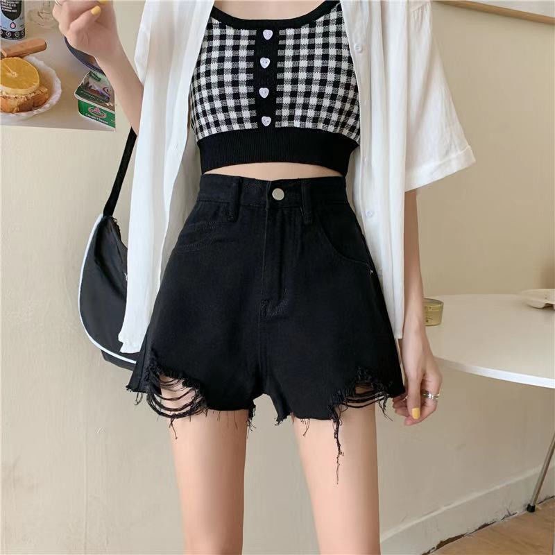2021 new summer black hole denim Net red hot shorts high waist loose wide leg burrs a craze
