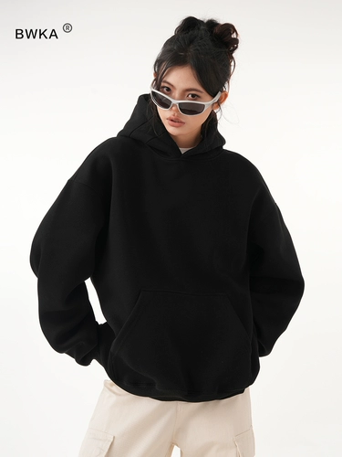BWKA Черная короткая демисезонная цветная толстовка с капюшоном, оверсайз, изысканный стиль