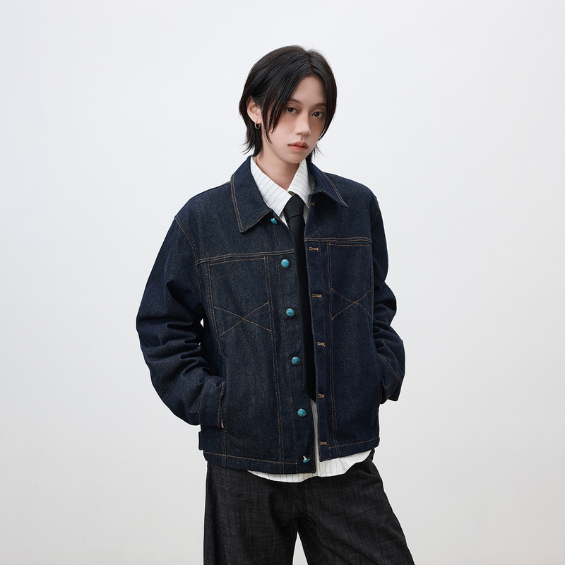 American-Style Faux Turquoise Raw Denim Jacket for Women, 2026 Autumn, High-Quality, Regular Shoulder, Short Wide Lapel Coat, Couple Style