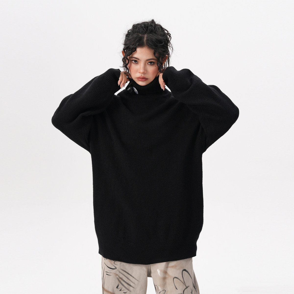 BWKA turtleneck sweater for women and men, autumn heavyweight trendy loose and lazy style knitwear, fleece-lined and thickened inner layer sweater.