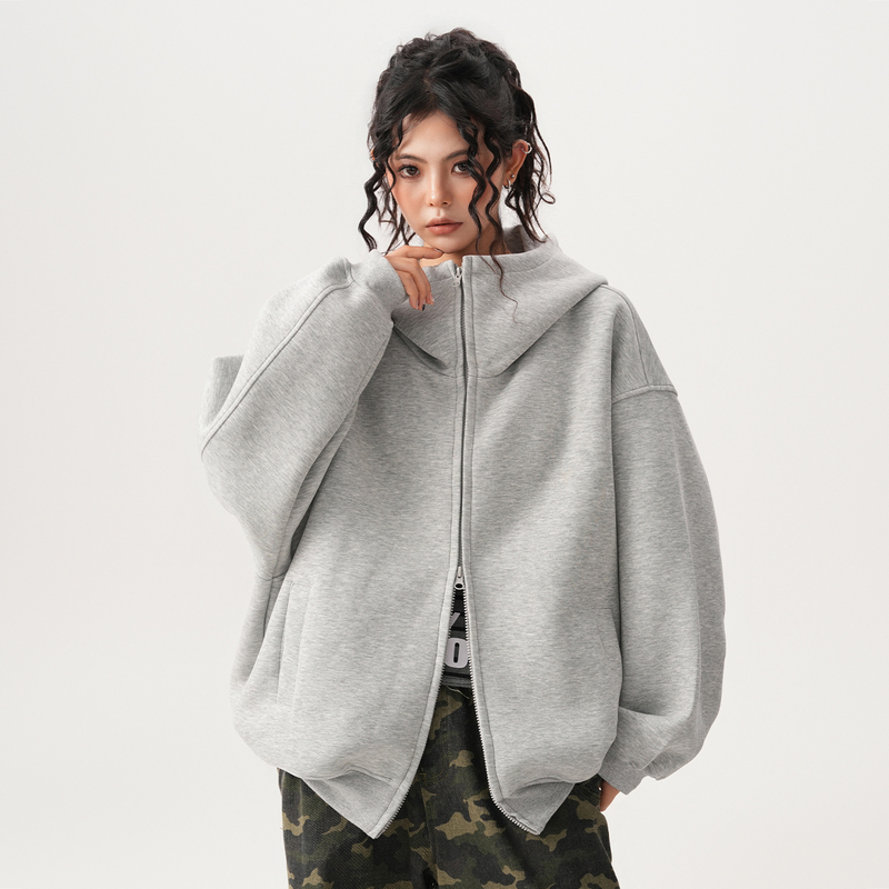 Bwka American-Style Heavyweight Silhouette Air Layer Sweatshirt Cardigan for Women and Men, Autumn and Winter Loose and Versatile Design Hooded Jacket