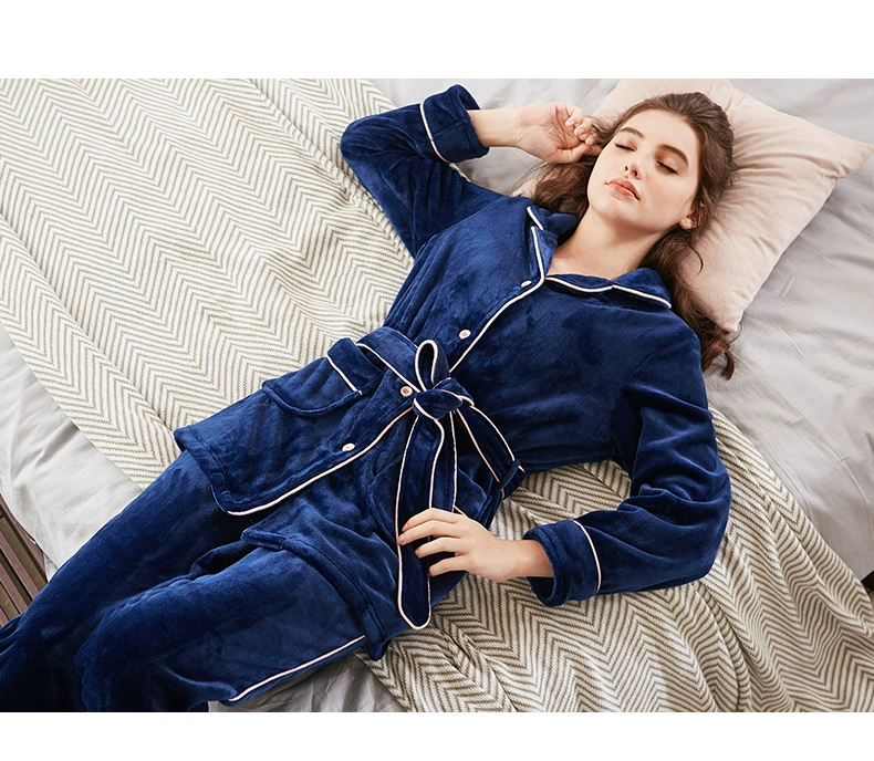 Bộ đồ ngủ nhung san hô tiêu chuẩn của Mỹ phụ nữ mùa thu đông cộng với nhung dày ấm áp có thể mặc kimono flannel bộ đồ phục vụ tại nhà