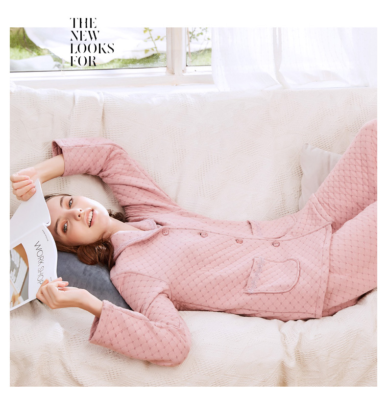 Bộ đồ ngủ ba lớp tiêu chuẩn của Mỹ dành cho nữ mùa thu và mùa đông mỏng của lớp bông để giữ ấm bên ngoài mặc bộ đồ cotton phục vụ tại nhà đồ pijama