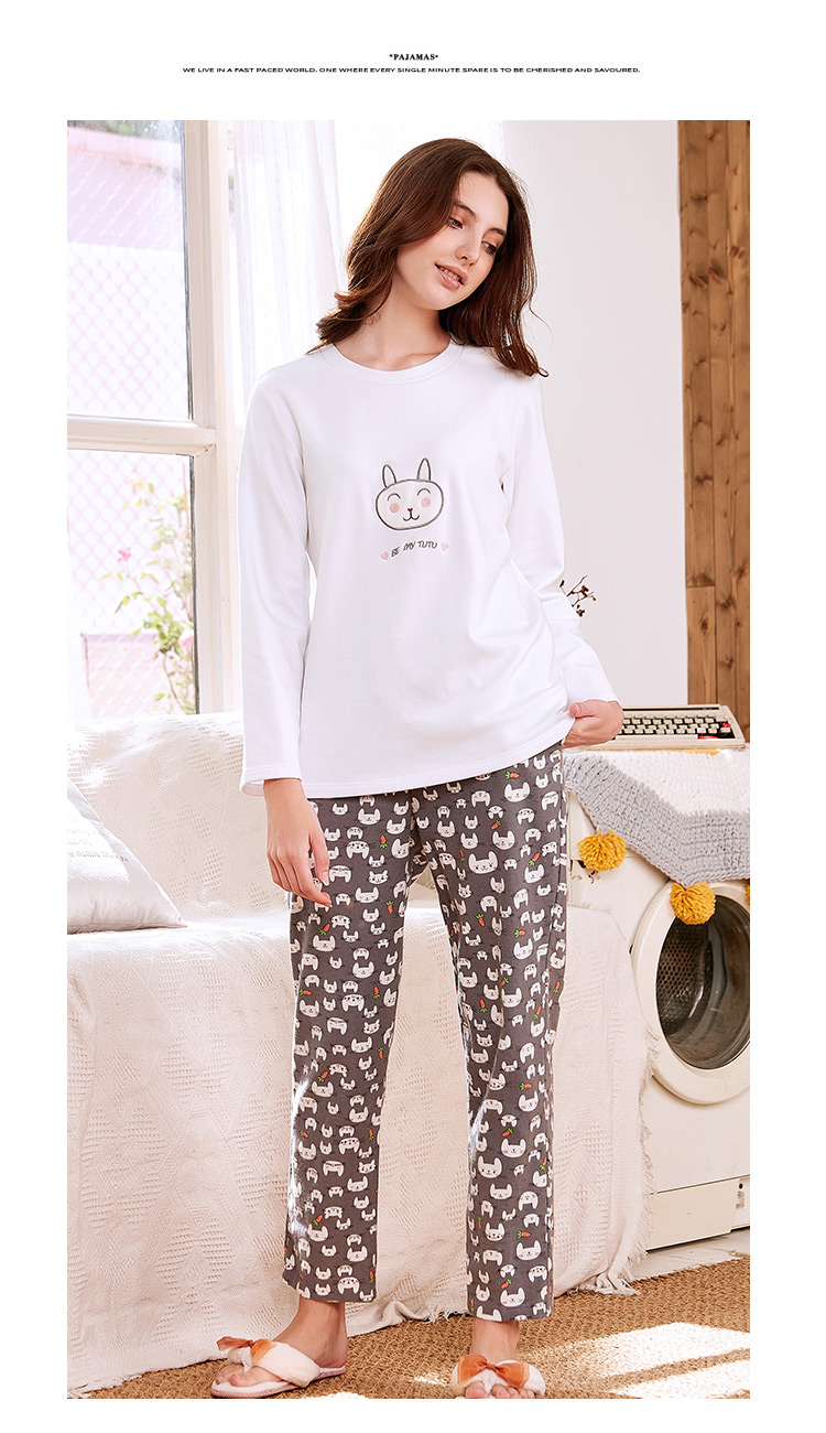 Bộ đồ ngủ cotton dài tay tiêu chuẩn Mỹ mùa xuân và mùa thu hoạt hình dễ thương có thể mặc giản dị cổ tròn phục vụ nhà cotton phù hợp với mùa đông đồ bộ vải đũi