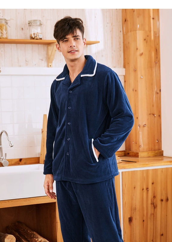 Bộ đồ ngủ đôi flannel tiêu chuẩn Mỹ phù hợp với nữ mùa thu đông nổi với nhung dày ấm áp lông cừu san hô phục vụ nhà nam shop đồ lót