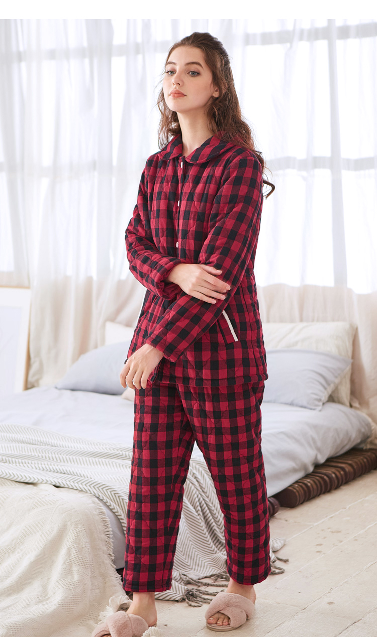 Mỹ tiêu chuẩn mới ba lớp dày cotton ấm áp bộ đồ ngủ phụ nữ mùa thu và mùa đông kẻ sọc bông phục vụ nhà bộ đồ mặc nhà