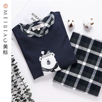 Bộ đồ ngủ cotton dài tay tiêu chuẩn Mỹ mới thiết lập cho phụ nữ mùa xuân và mùa thu cotton dễ thương hoạt hình có thể mặc quần áo gia đình mùa đông do bo