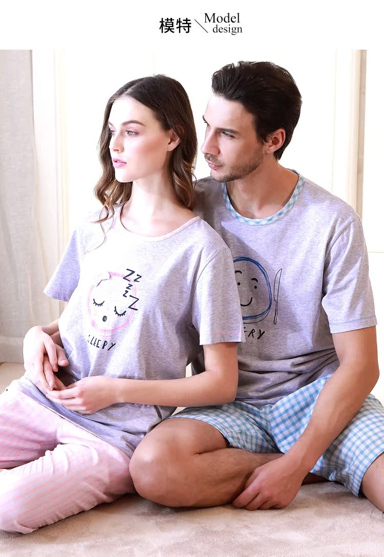 Bộ đồ ngủ cotton đôi tiêu chuẩn Mỹ phù hợp với áo hai dây mùa hè nam và nữ tay ngắn có thể mặc đồ cotton kẻ sọc đồ ngủ cặp