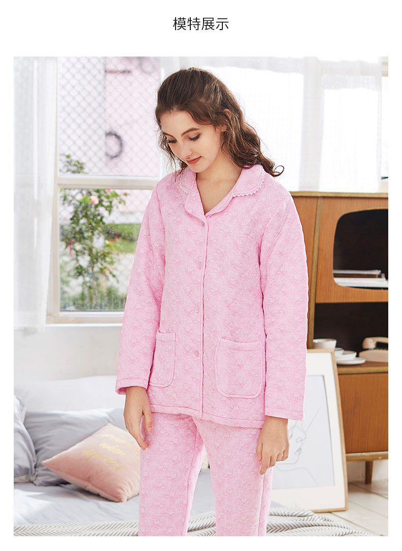 Mỹ tiêu chuẩn mùa thu và mùa đông mới cho phụ nữ đồ ngủ dài tay cotton hai mảnh phù hợp với bánh sandwich dày ấm áp để mặc bên ngoài dịch vụ nhà bộ đồ