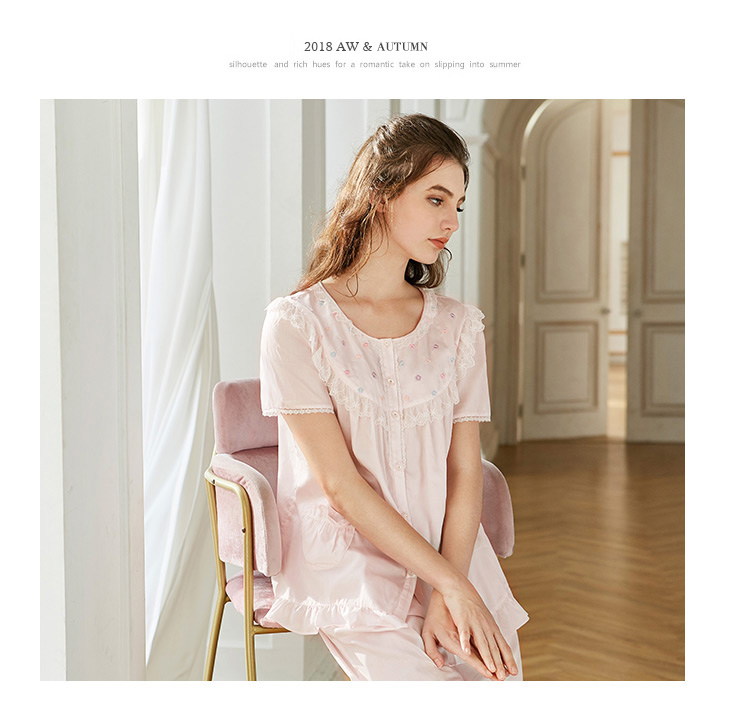 Bộ đồ ngủ satin ngắn tay tiêu chuẩn Mỹ mùa hè mới dành cho nữ cotton ngọt ngào dễ thương phần mỏng phục vụ tại nhà kiểu đồ bộ