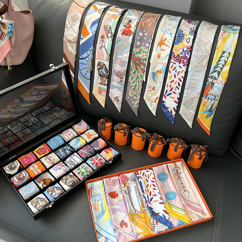 Suitable for Hermès Lindy Dior Hermès Silk Scarf Twill Long Strip for Wrapping Handle 100% Real Silk Ribbon