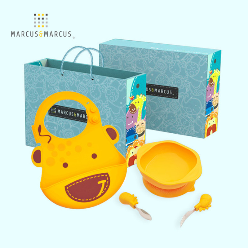 Marcus Marcus Children's Silicone Tableware Baby Bib Baby Food Supplement Bowl Training Fork Spoon Gift Box Set