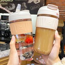 Coffee cup dual-use one-lid teacup Portable simple couple cup with straw Fresh thickened double drinking cup Handheld non-slip