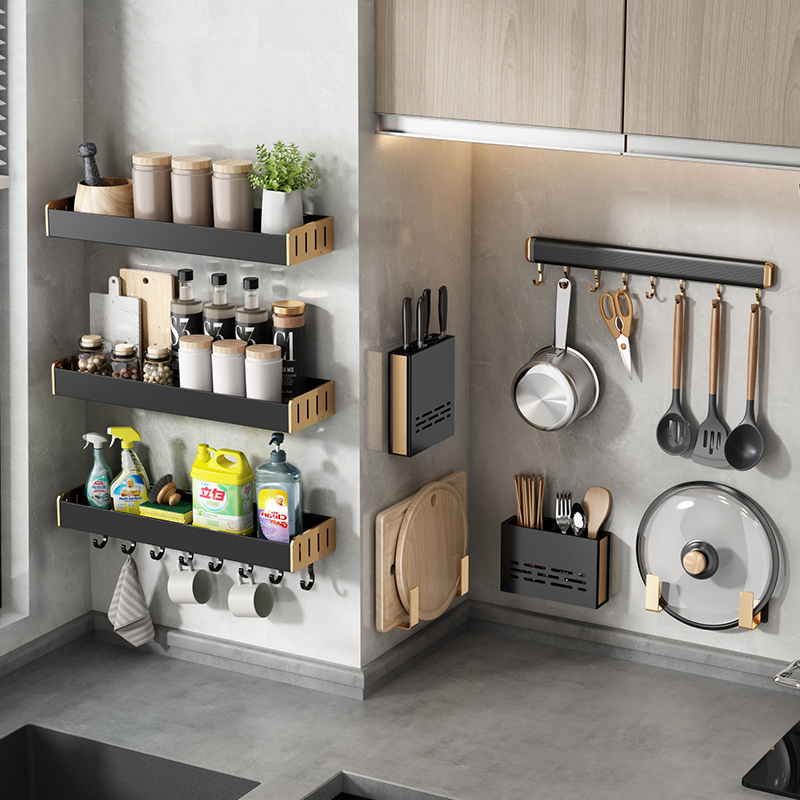 High-end kitchen rack wall-mounted punch-free household seasoning supplies Daquan knife rack multi-functional storage rack