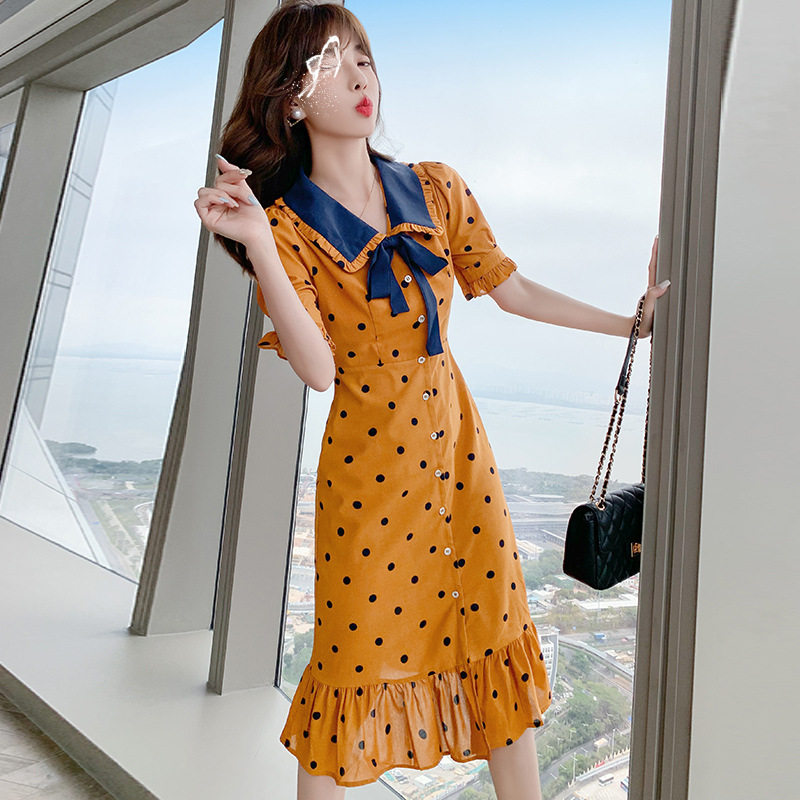 2021 summer new Korean version fashion doll collar stitching thin chiffon polka dot dress trend