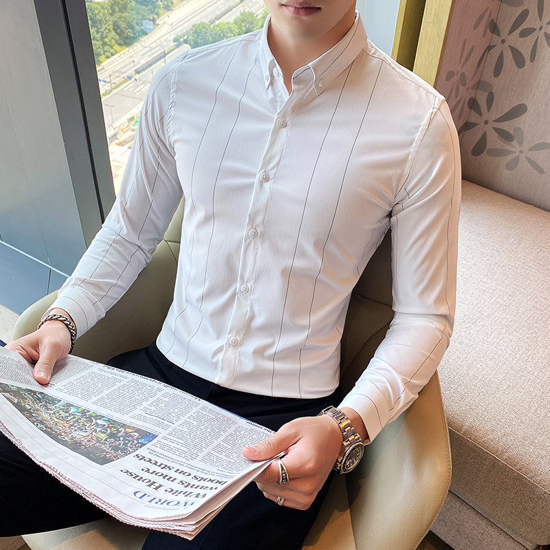 Men's striped shirt long-sleeved black and white Korean style trendy handsome non-ironing business casual slim autumn thin shirt