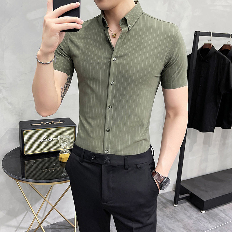 Men's shirt Short Sleeved Summer Sense Han Edition Current Han Current Half-sleeved Business Leisure Strip Shirt Men