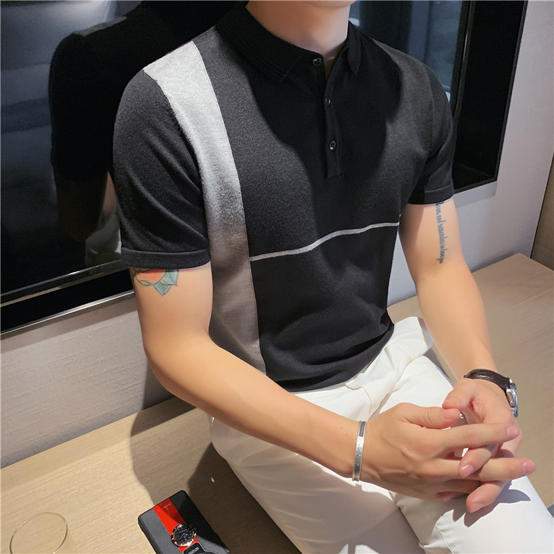 Summer thin men's POLO shirt British color-blocking lapel short-sleeved casual knitted slim fit breathable T-shirt top trendy