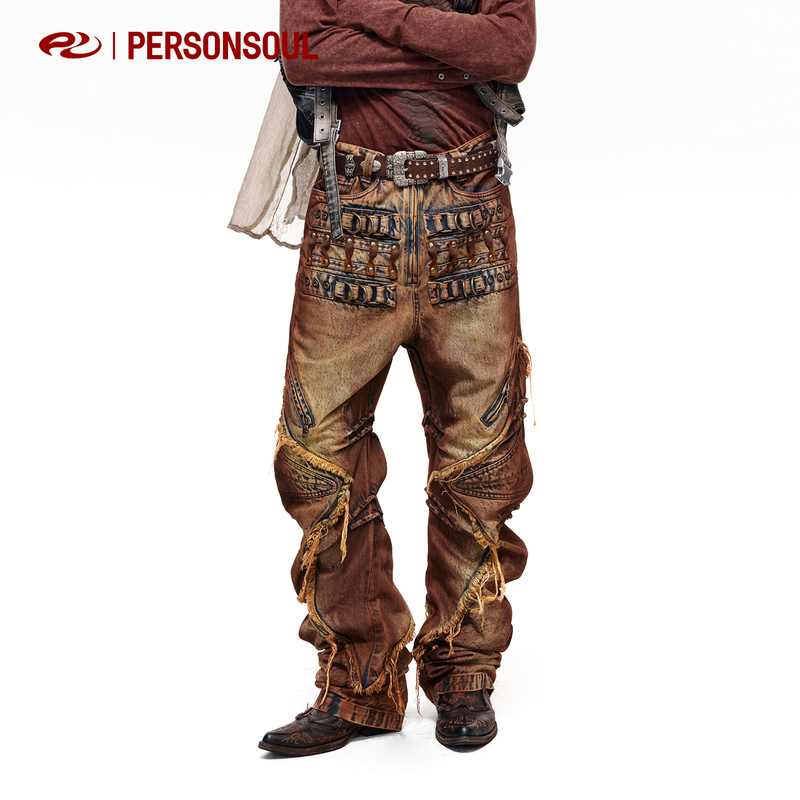 Personsoul* Cracked Rivets, Curved Stacked Leather Strips, Distressed Jeans, Curved Jeans Personsoul* Cracked Rivets, Curved Stacked Leather Strips, Distressed Jeans, Curved Jeans