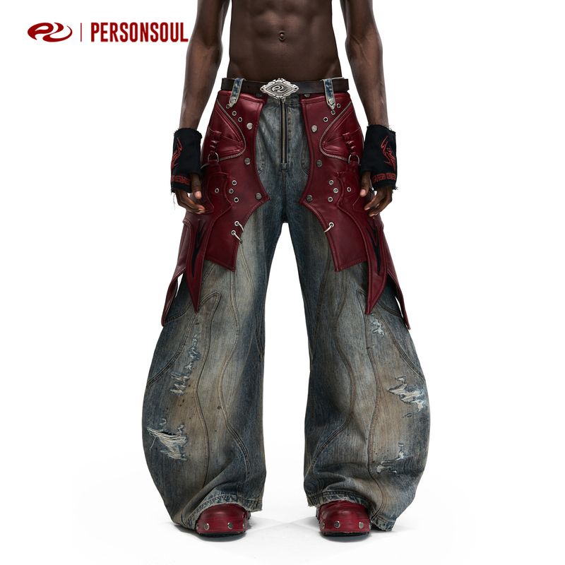 Personsoul* Evil God Chaos Scaly Structure Detachable Leather Jeans Scaly Jeans Personsoul* Evil God Chaos Scaly Structure Detachable Leather Jeans Scaly Jeans
