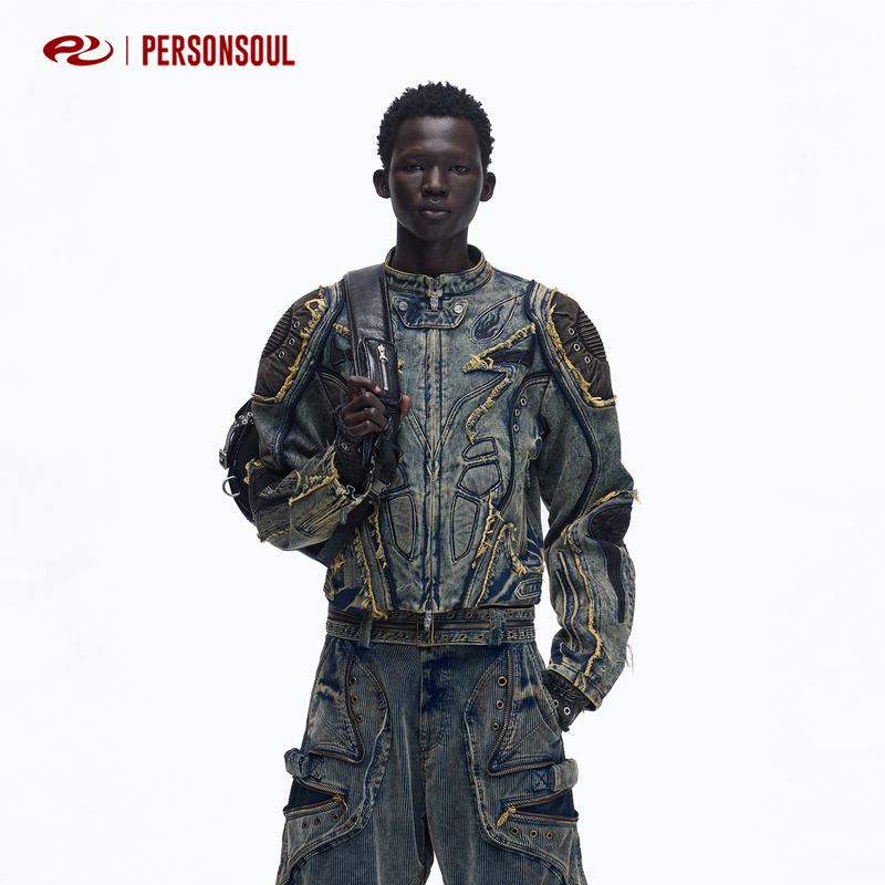 Personsoul* Tiger Pattern Embroidered Double-Pocket Denim Racing Jacket Racing Jacket